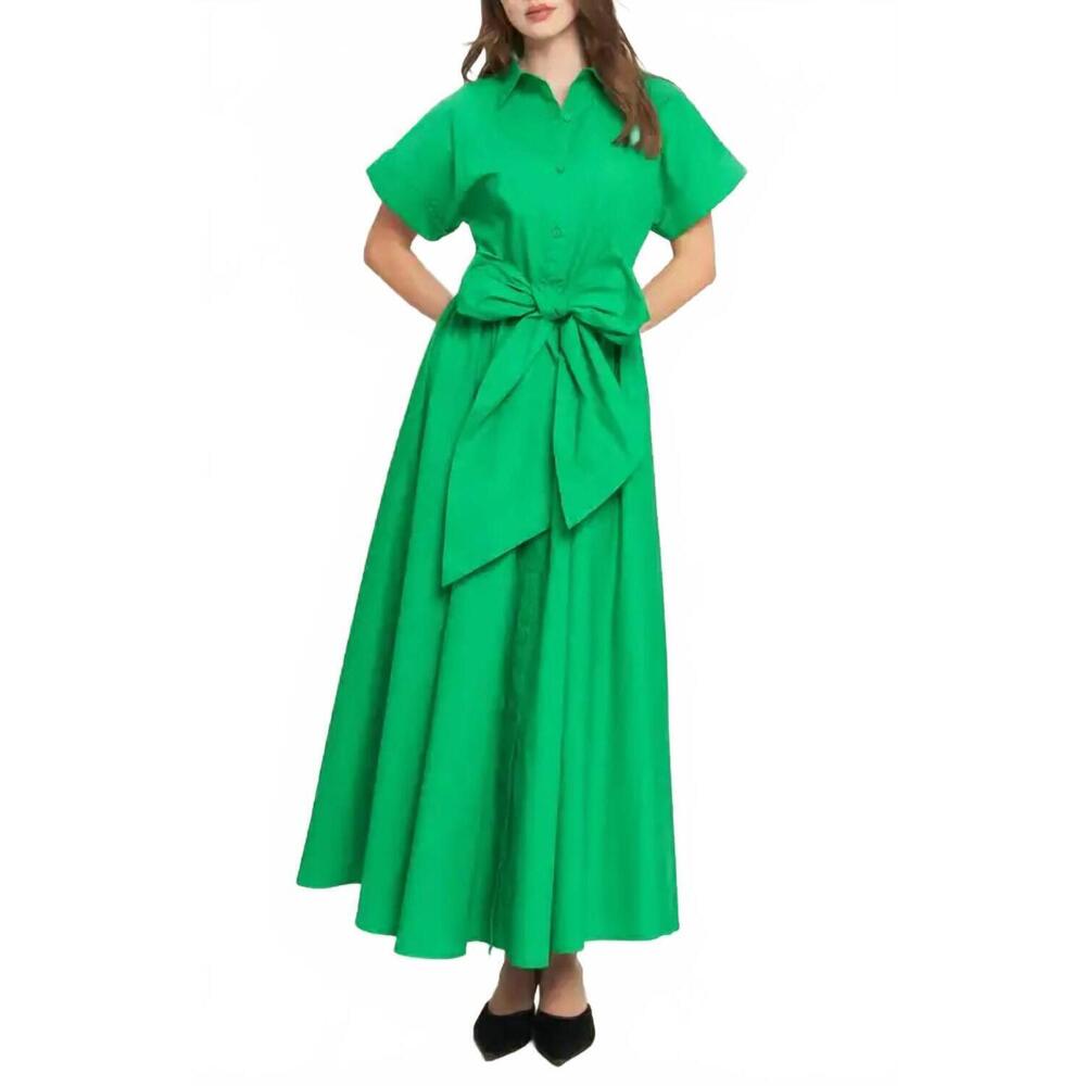 NEW FLYING TOMATO tie waist bow cotton button front maxi shirt dress in emerald - Picture 1 of 3